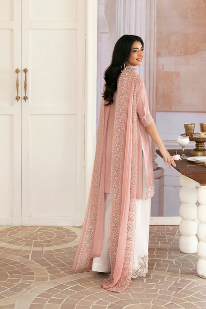 Peach silk embroidered shirt with Two Tone Organza dupatta (Leftover)