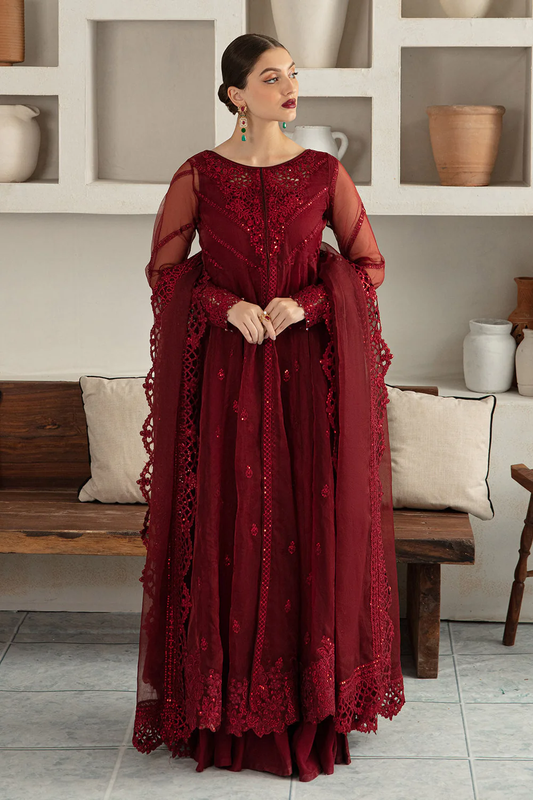 Maroon Pishwas Gown with Organza Dupatta